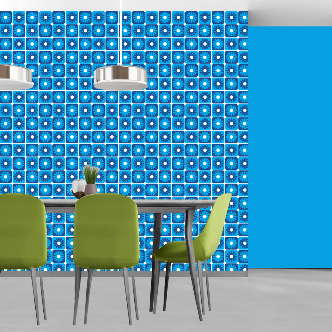 An abstract composition featuring irregular, rounded shapes in vibrant colors. The main colors include bright green, lime green, turquoise, and dark blue, all separated by white, jagged outlines. The shapes overlap and intersect dynamically, forming an energetic and playful pattern. The overall texture has a fabric-like appearance with subtle horizontal and vertical lines running through the colors.